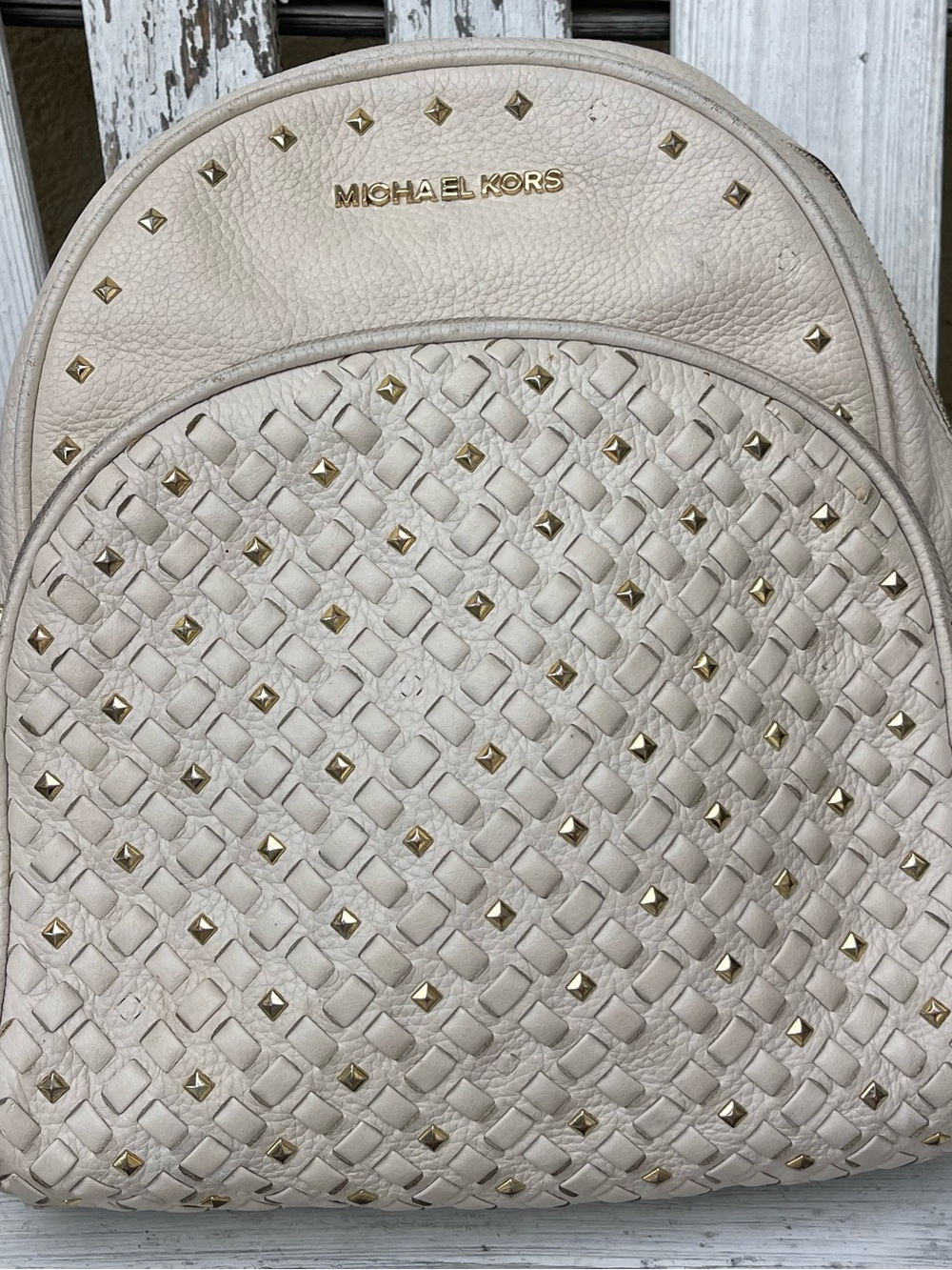 Michael Kors Abbey Medium Cream Leather Studded Backpack MK Gold Pyramid Studs
